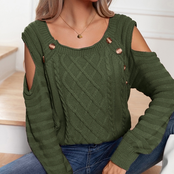 Buttoned Elegance Cold Shoulder Sweater Green